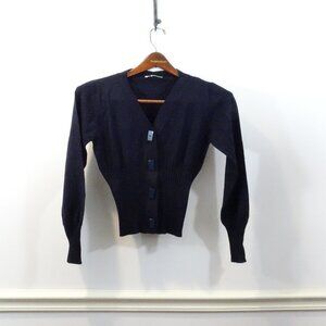 Paule Ka Cardigan Sweater Size S Dark Blue Ribbed Slim Fit Button Front